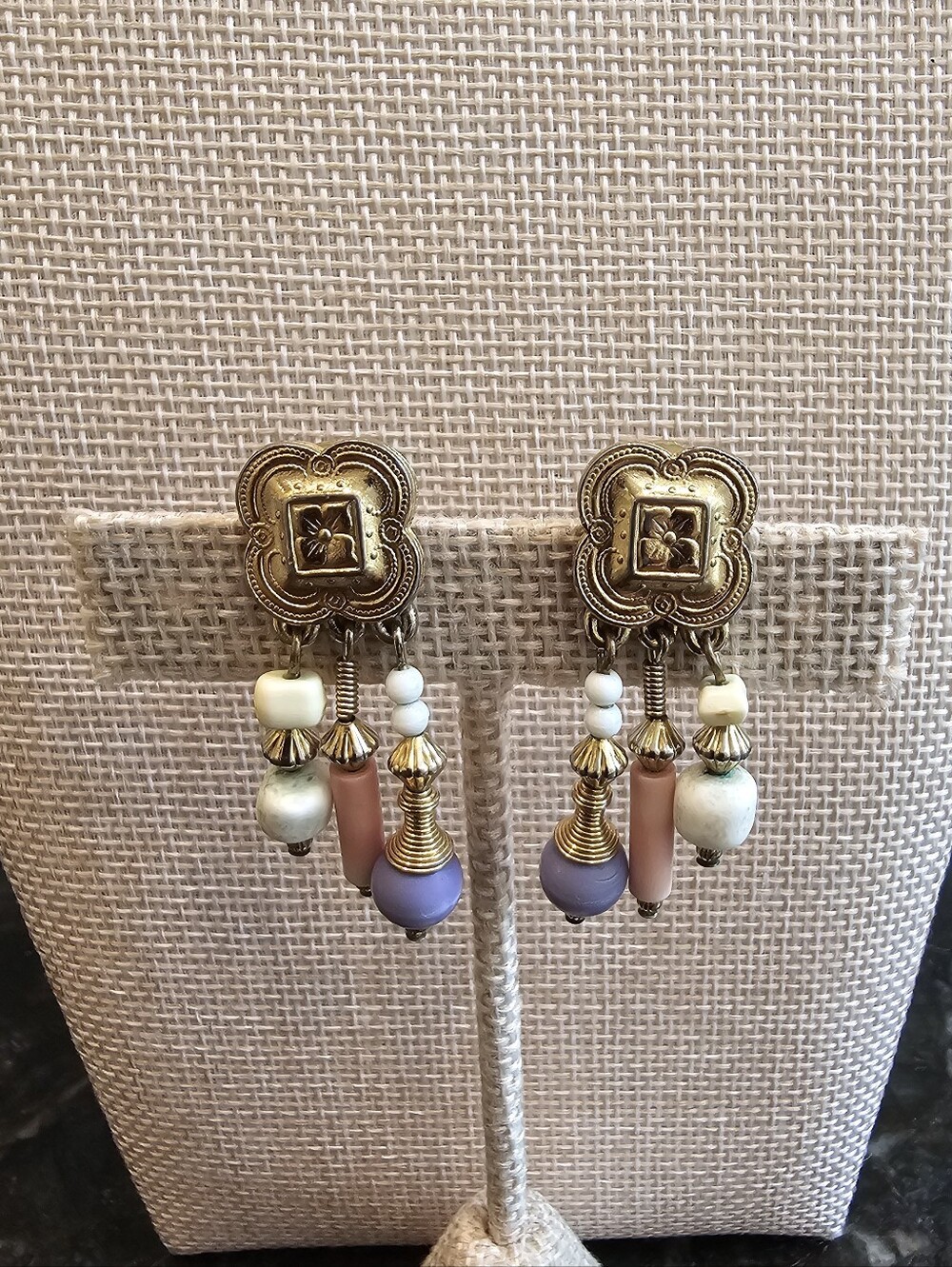 Vintage-Inspired Gold Bead Drop Earrings with Lavender and Cream Accents